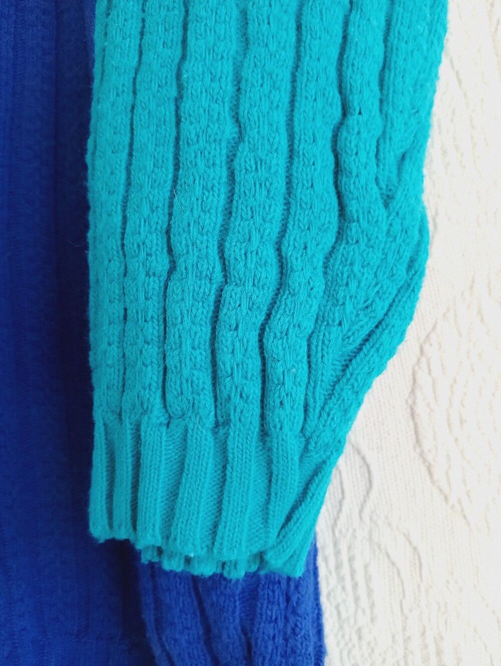 80s Teal & Royal Blue Nordic Knit Sweater Retro Cable Knit Colorblock Ski Winter - Picture 6 of 9